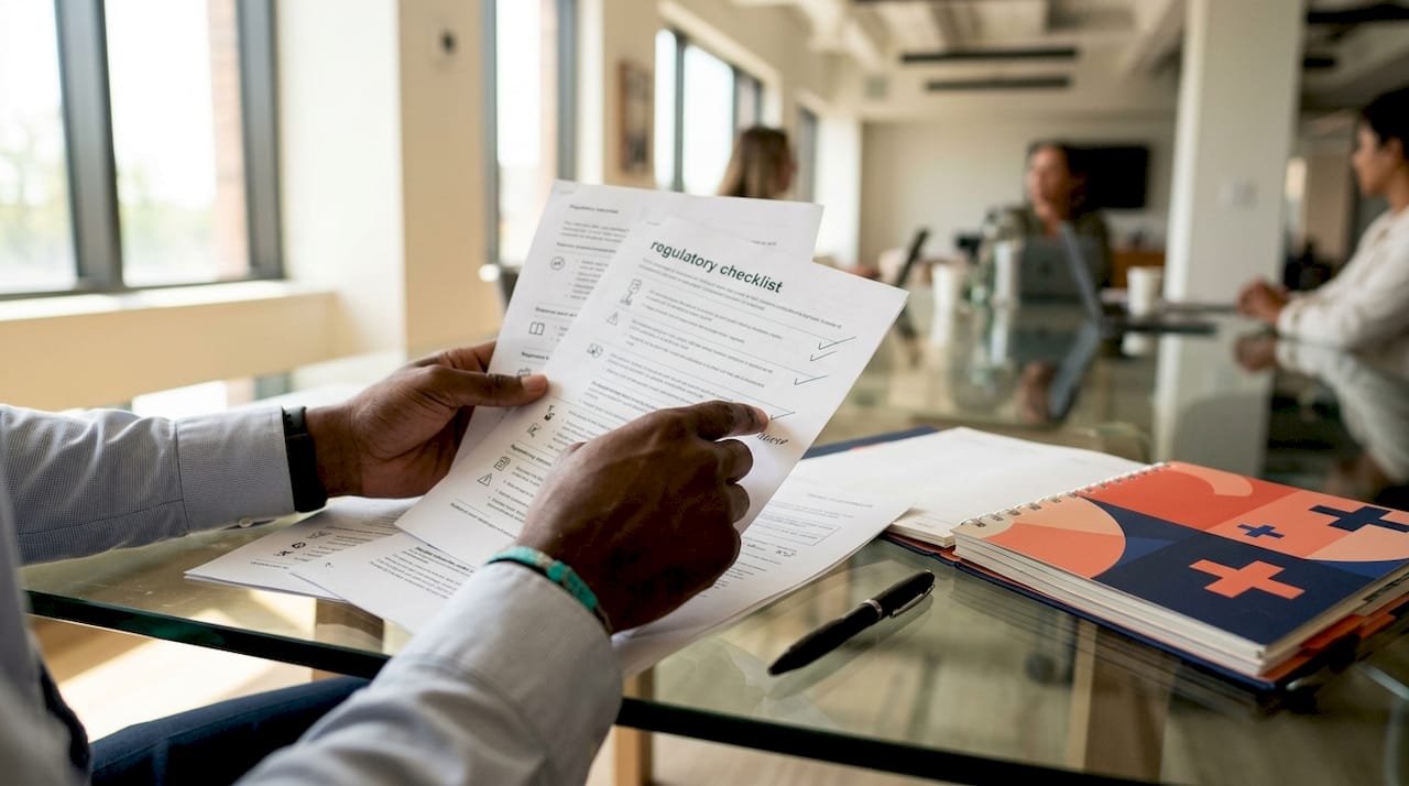 Importer hands verifying compliance checklist