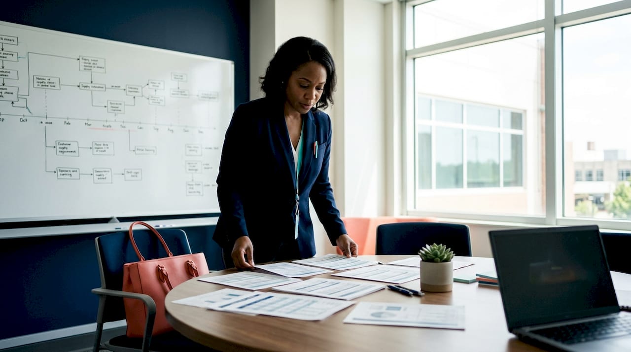 Healthcare manager reviewing medical supply reports