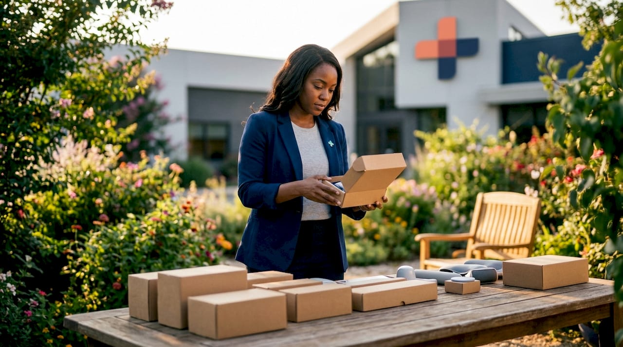 Manager inspecting clinical wellness device boxes