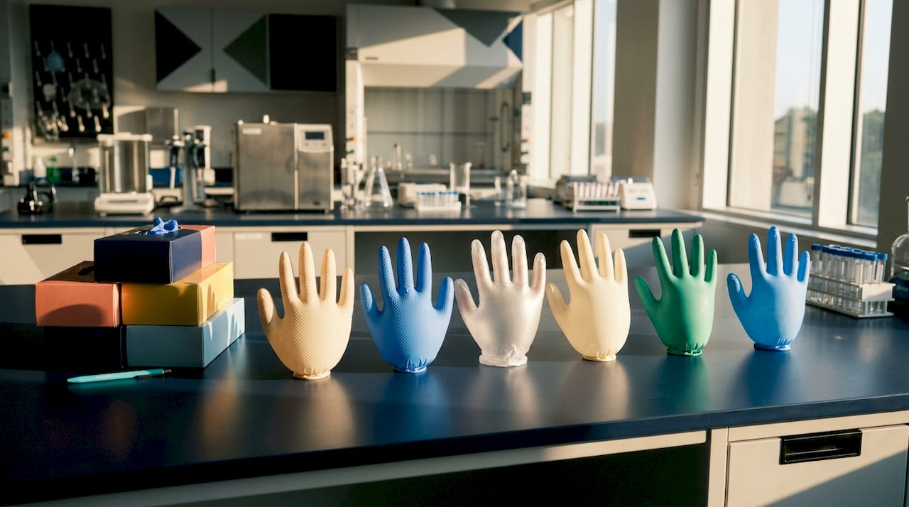 Close-up of different medical glove materials on white surface
