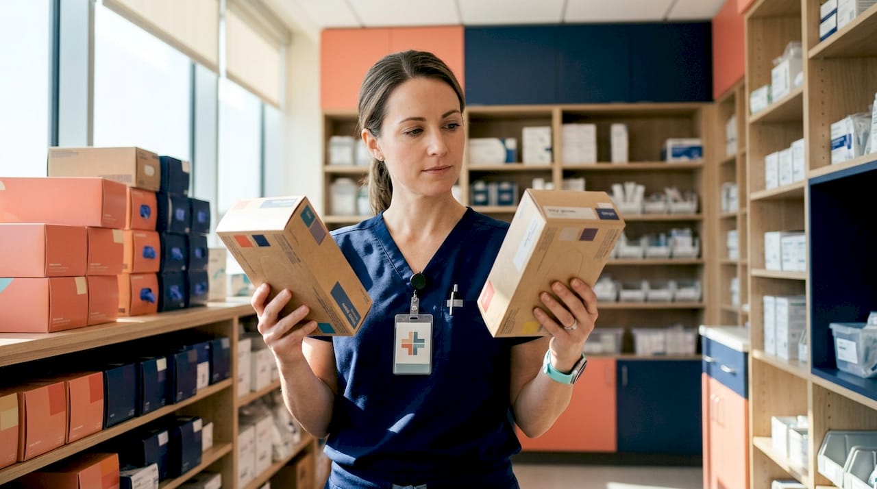 Healthcare worker choosing medical gloves in supply room
