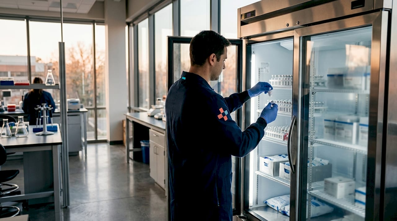 Technician accessing refrigerated medical storage