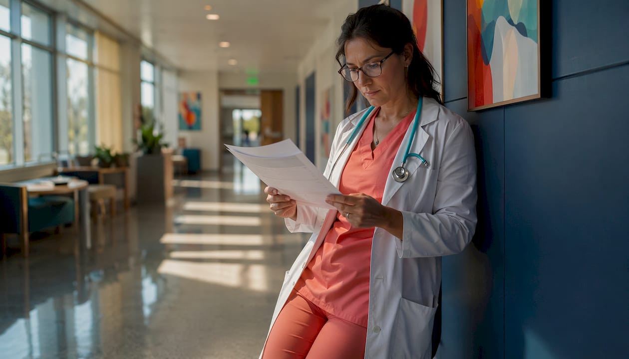 Physician reviewing printed diagnostic results in clinic