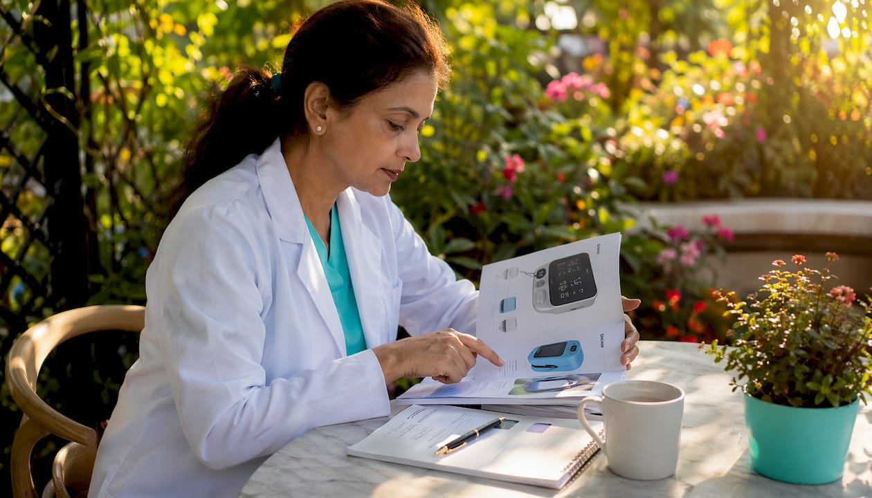Clinician reviewing preventive care equipment at desk