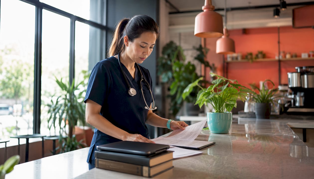 Healthcare pro reviewing medical retail compliance documents