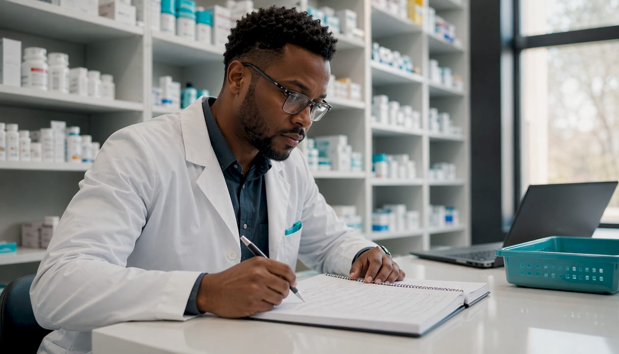 Pharmacist hands reviewing audit log notebook