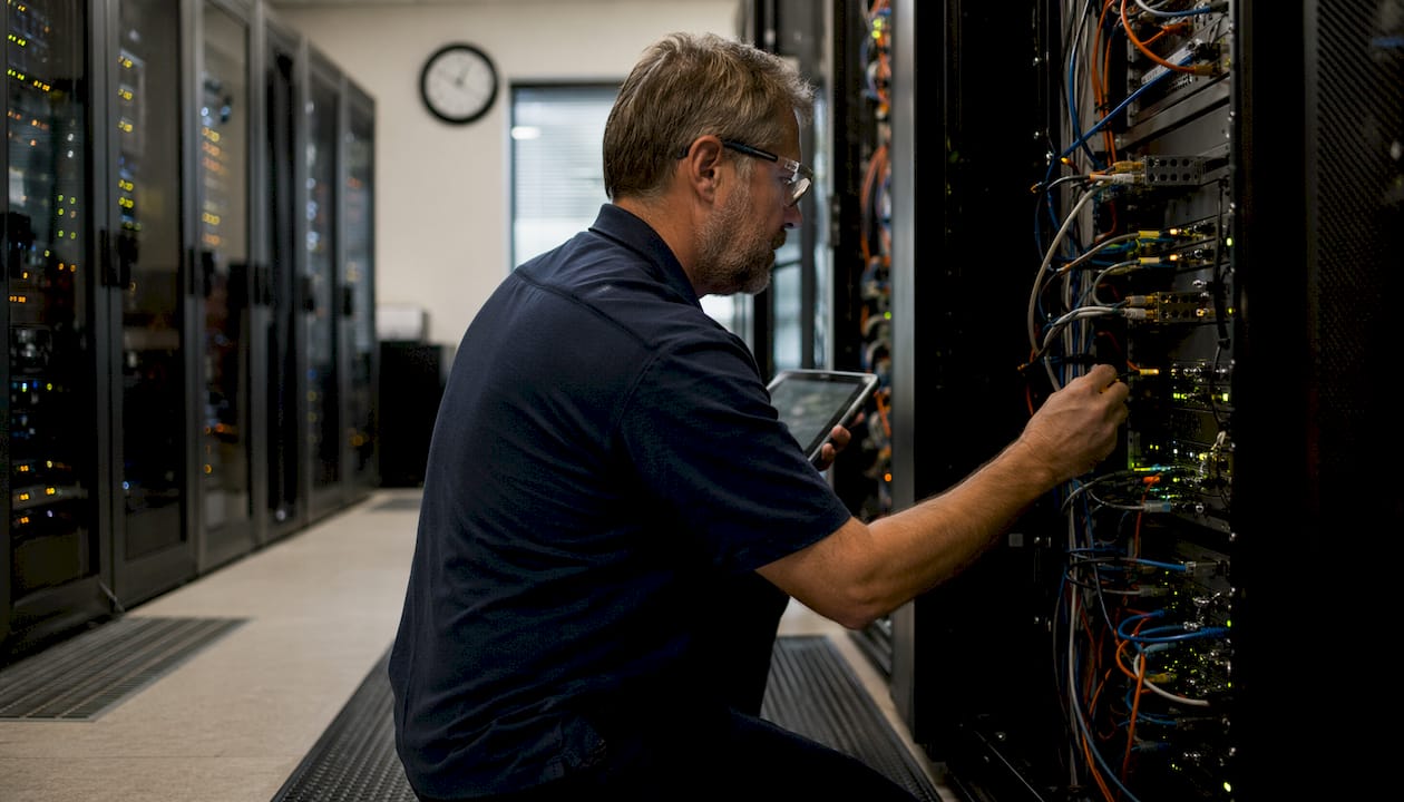 IT technician managing telehealth network equipment