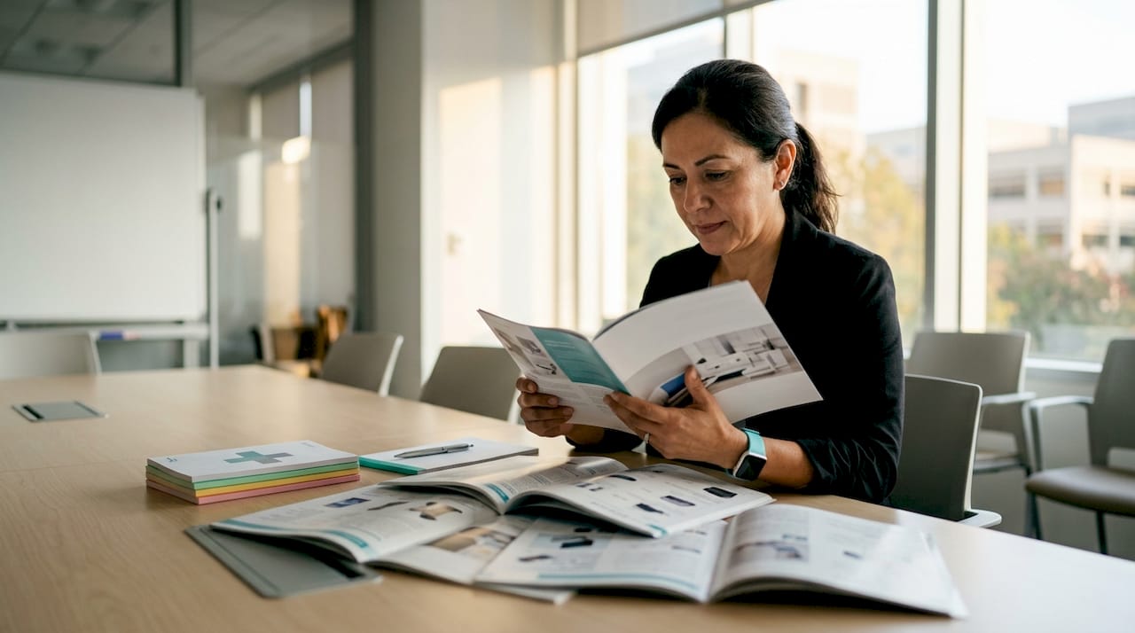 Healthcare procurement manager reviewing supplier catalogs