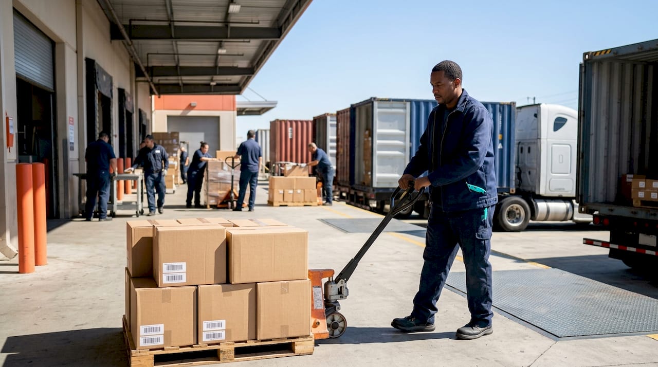 Worker moving medical supply boxes in warehouse