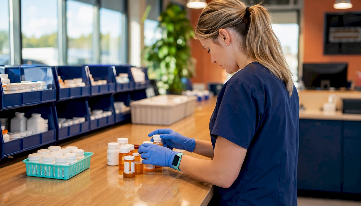 Hands counting controlled medication bottles on countertop