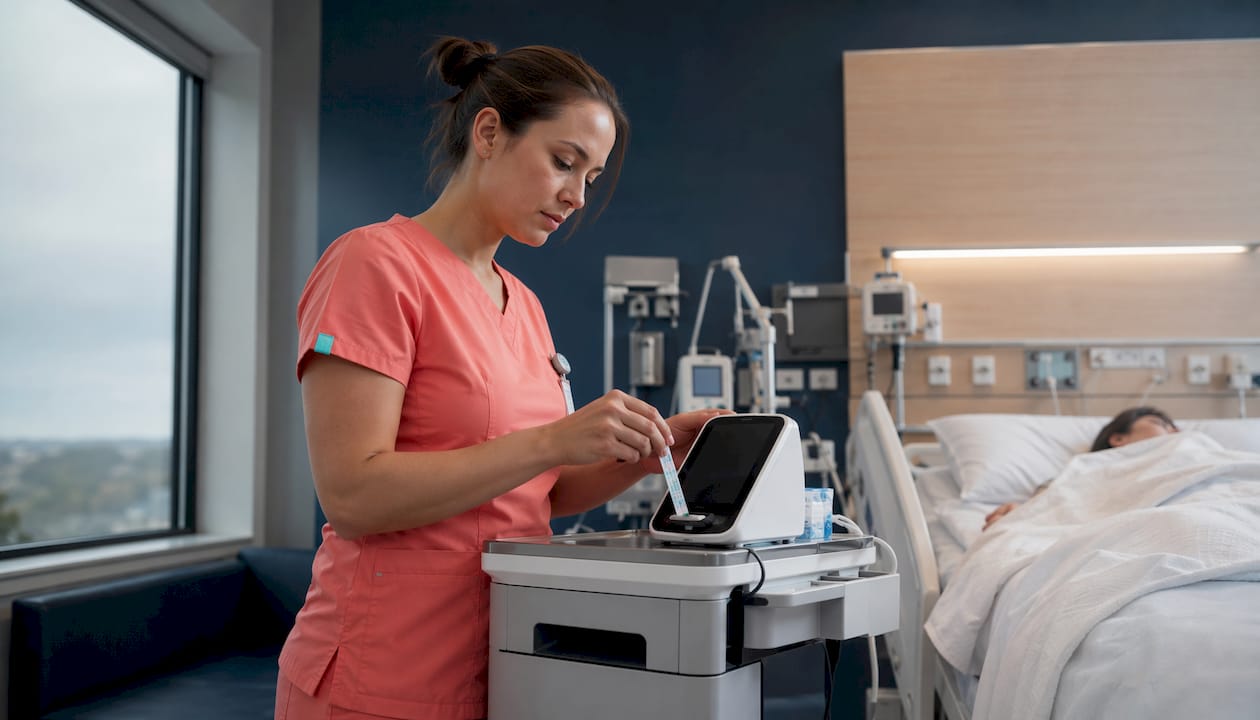 Nurse using point-of-care testing device beside patient bed