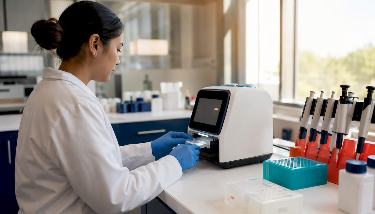Technician's hands operating benchtop analyzer in lab