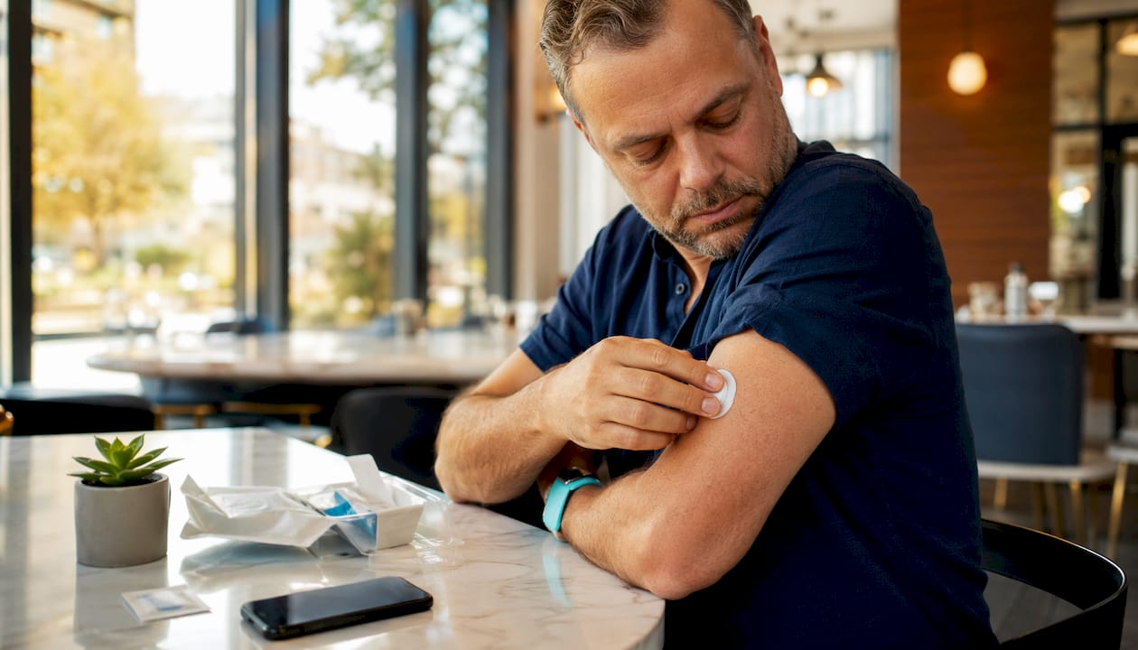 Man applying continuous glucose monitor sensor at home