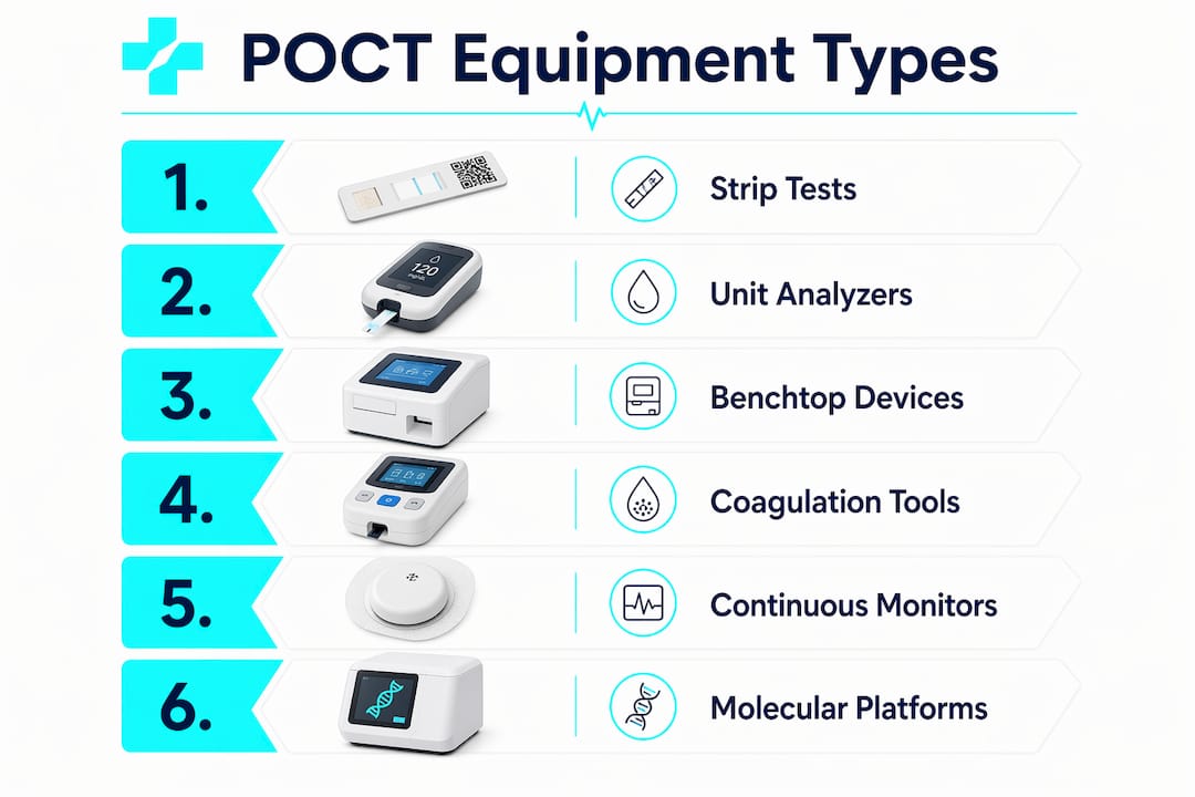 Infographic depicting six types of point-of-care testing equipment