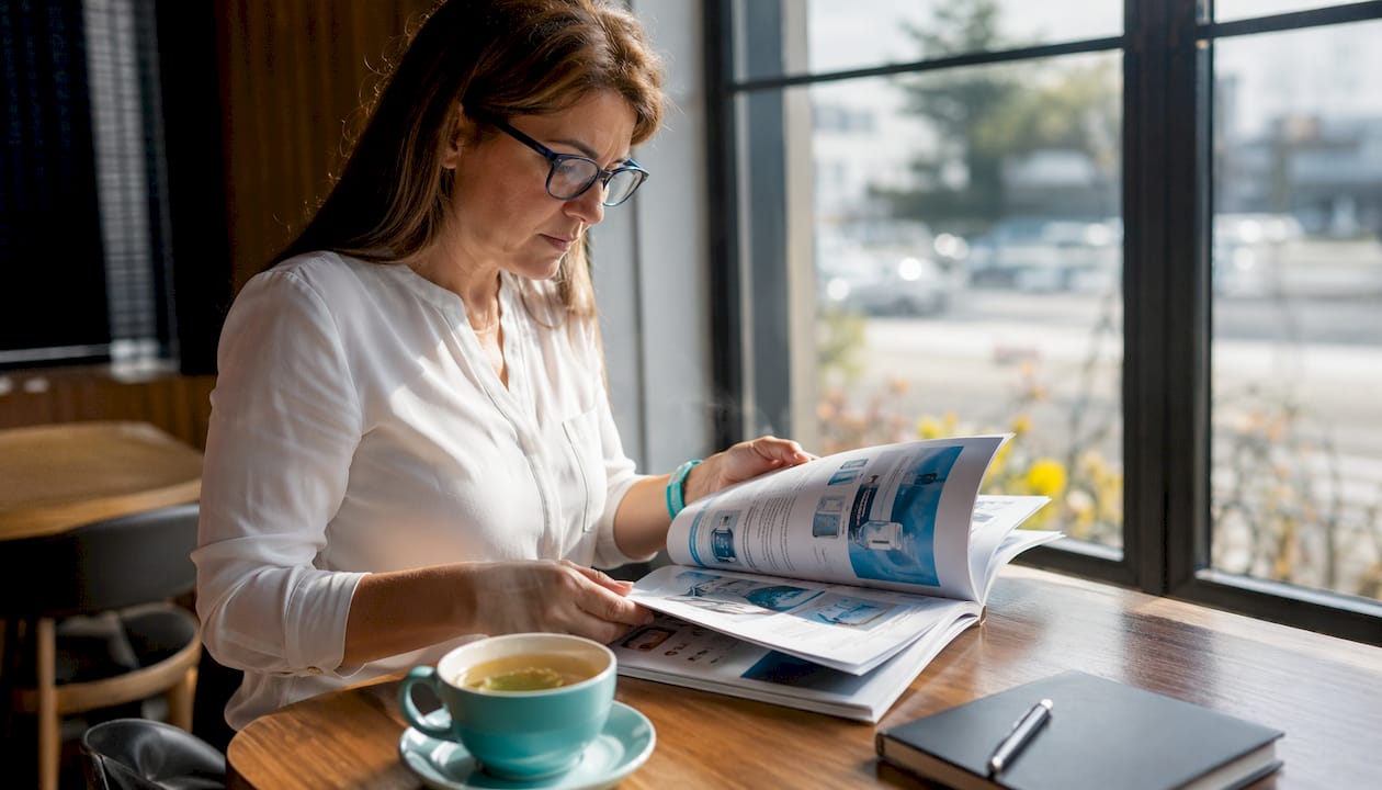 Procurement specialist reviewing medical catalogs
