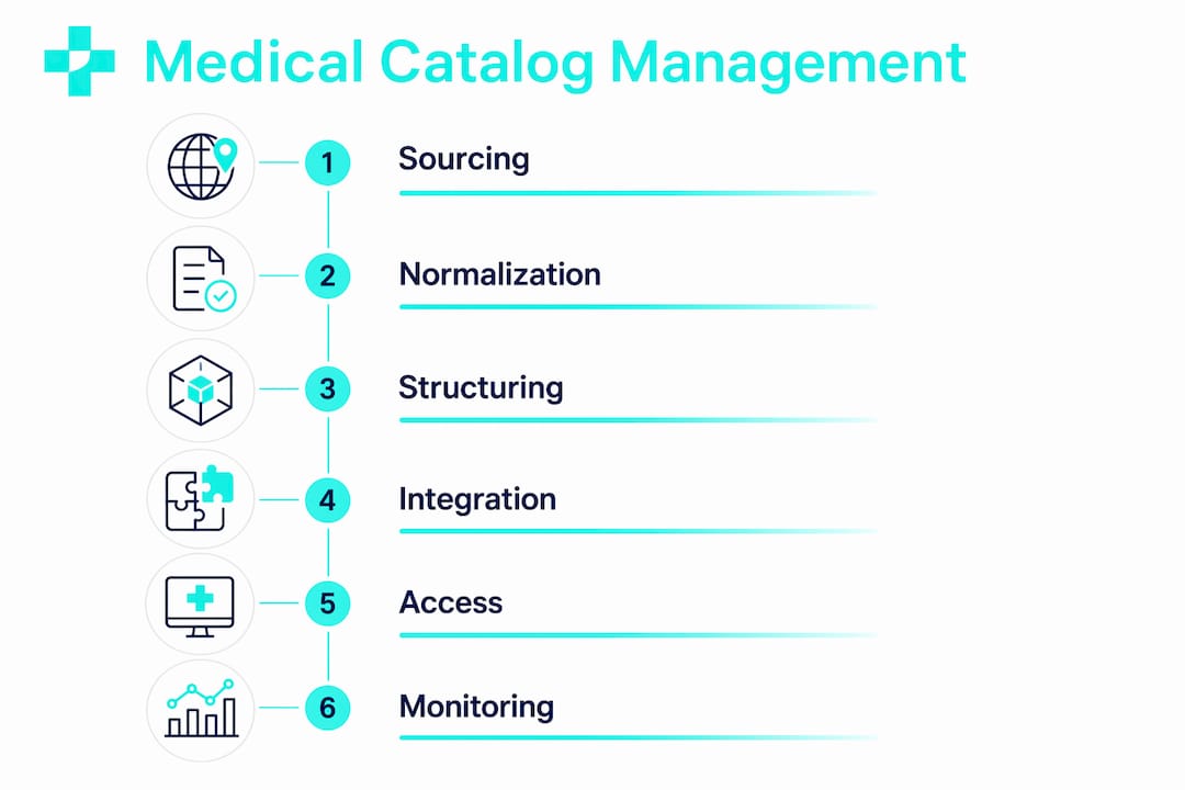 Infographic showing medical catalog management process steps