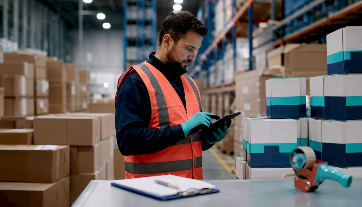 Warehouse worker scanning medical supply boxes