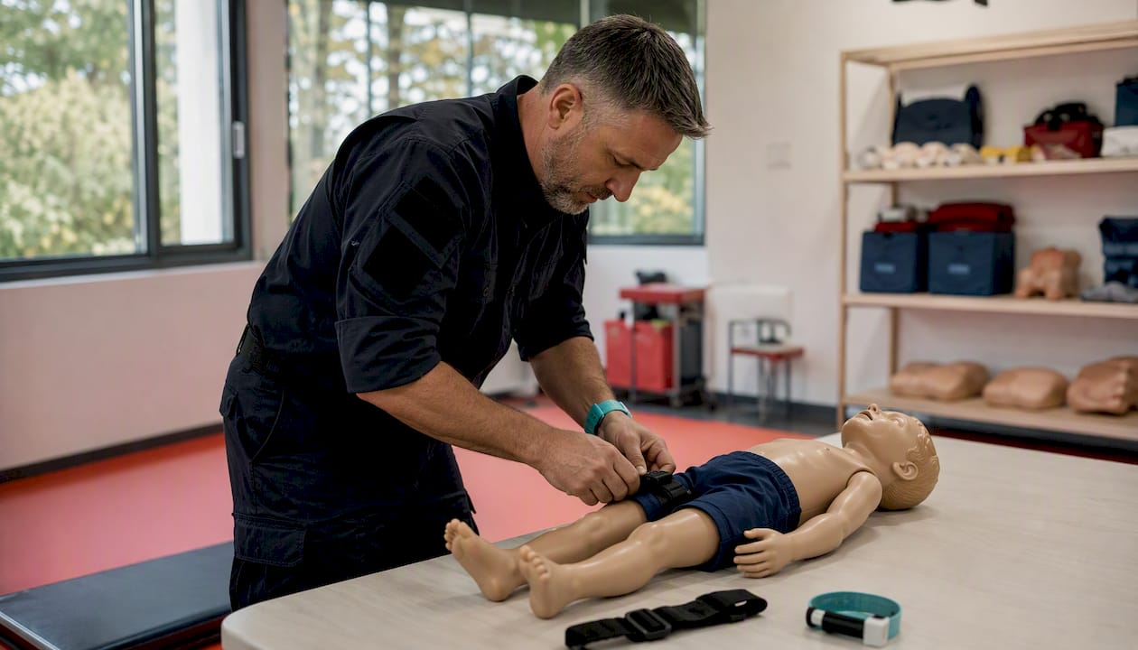 Close-up of hands applying pediatric tourniquet on model