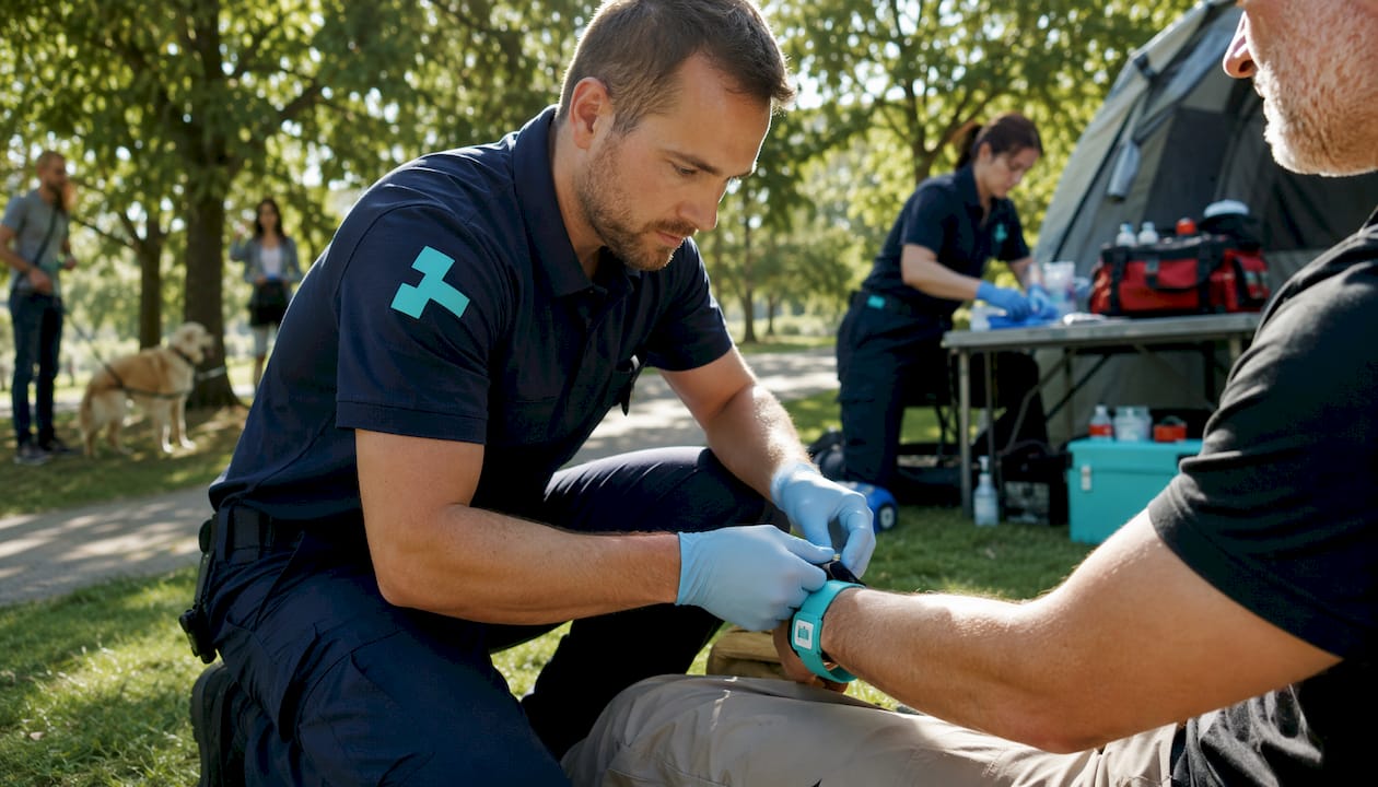 Paramedic applying tourniquet on forearm outdoors