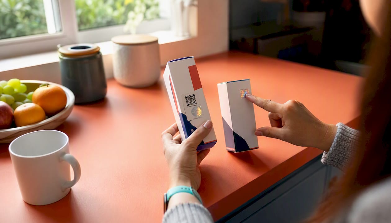 Hands comparing product QR code and hologram security