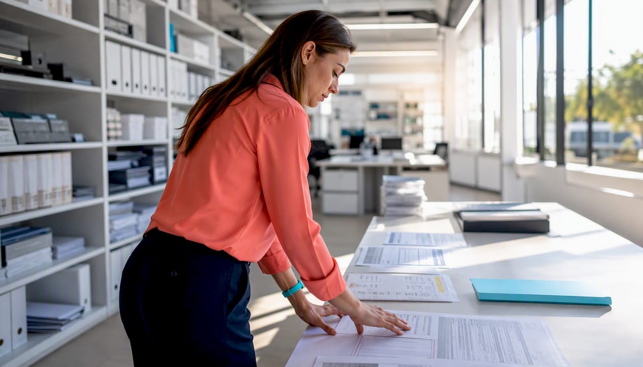 Supply chain manager reviewing documents at workstation