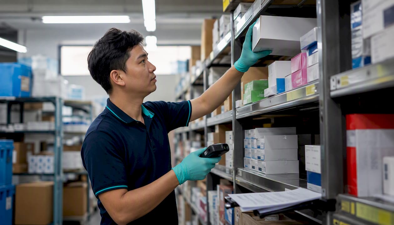 Warehouse worker handling inventory boxes