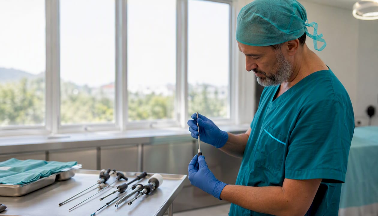 Surgeon's gloved hands checking ZUMI device compatibility