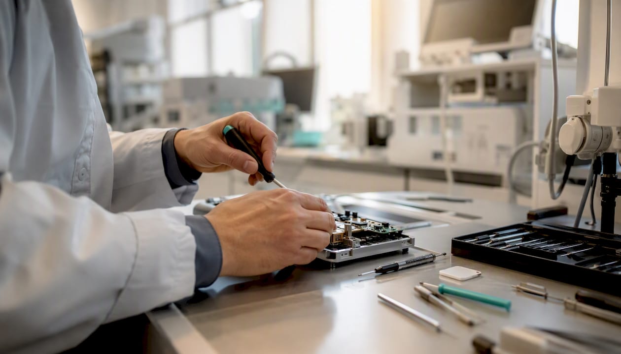Hands calibrating medical device in hospital workshop