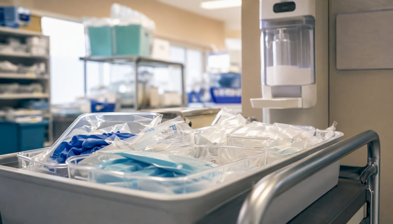 Hospital supply cart with PPE and safety equipment