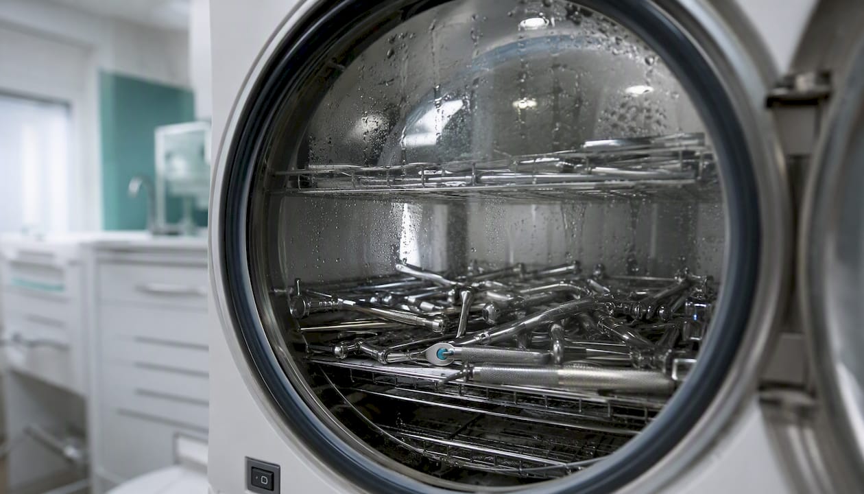Dental autoclave chamber with instruments inside