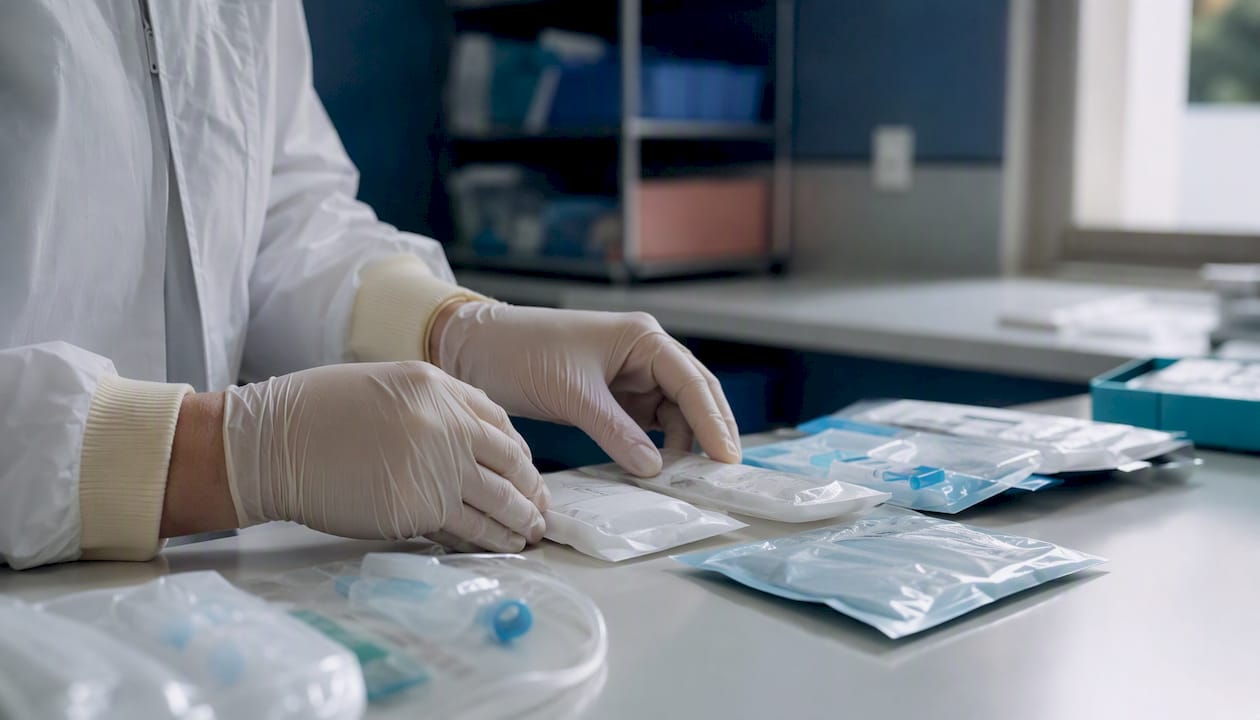 Hands assessing medical supply samples in clinical storeroom