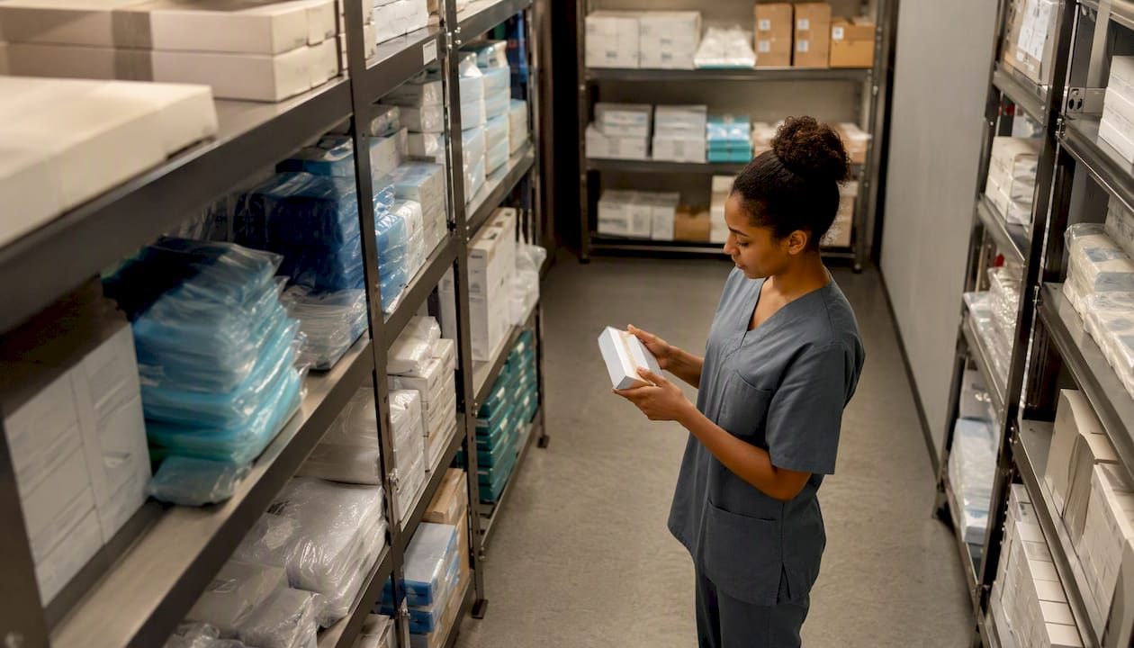Hospital supply room stocked with medical consumables