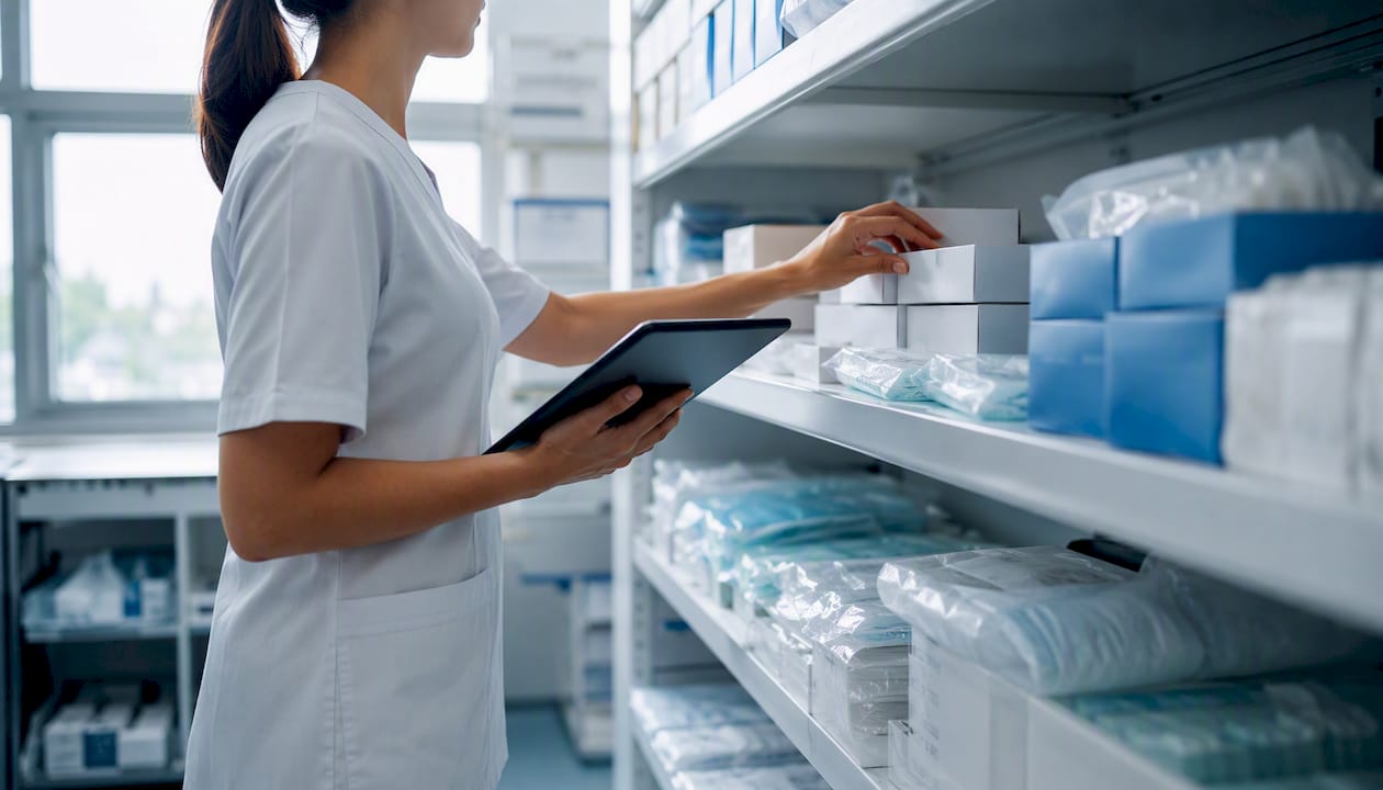 Hands arranging medical supplies with tablet
