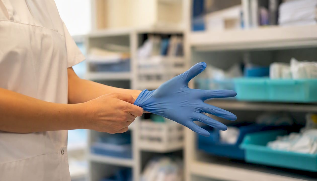 Hands donning sterile medical gloves
