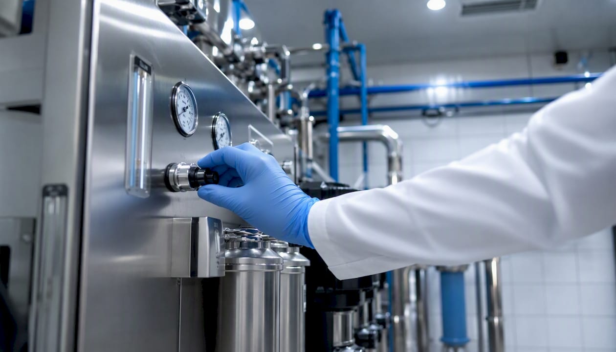 Gloved hand adjusting water filtration valve