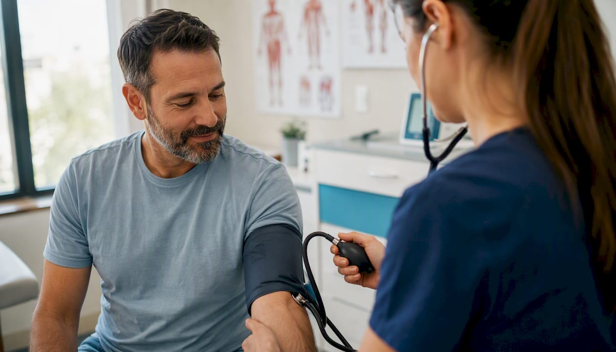 Manual blood pressure cuff on patient arm