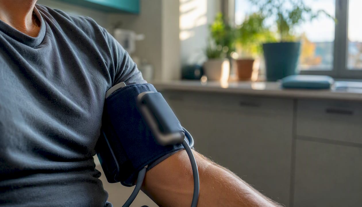 Patient with ambulatory blood pressure cuff on arm