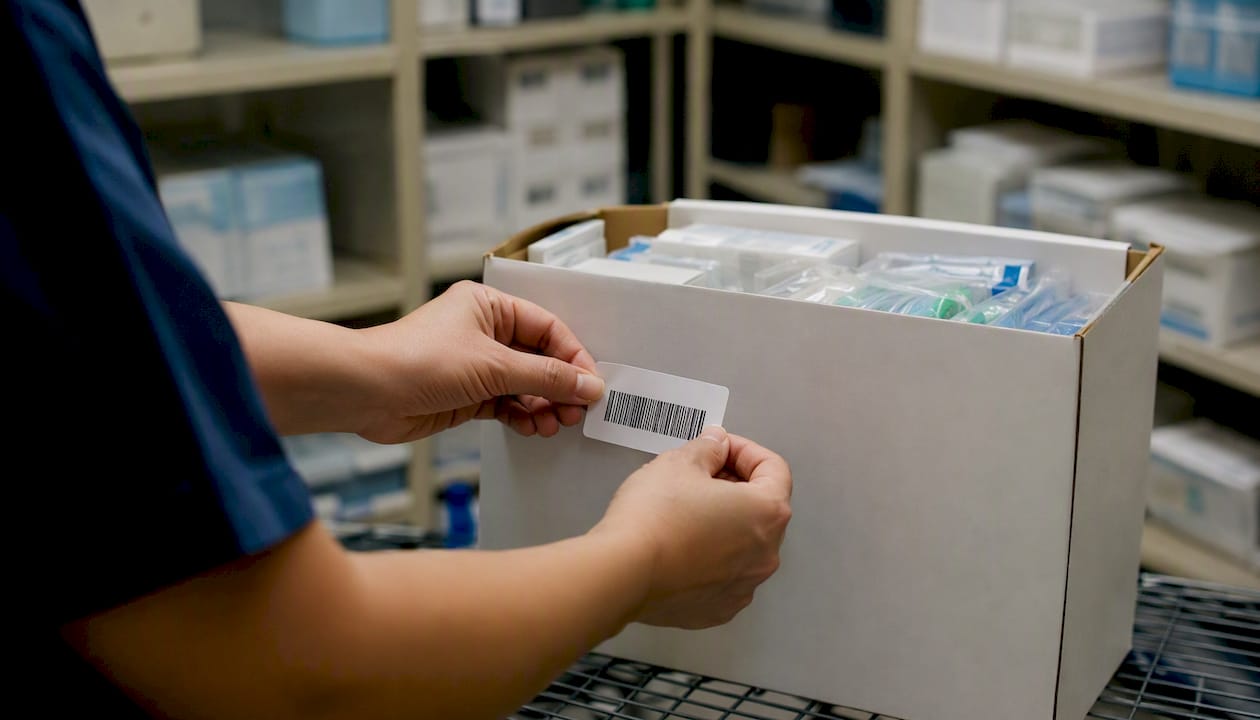 Hands applying barcode label on medical supply box