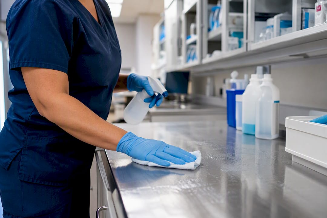Gloved hands scrubbing medical countertop