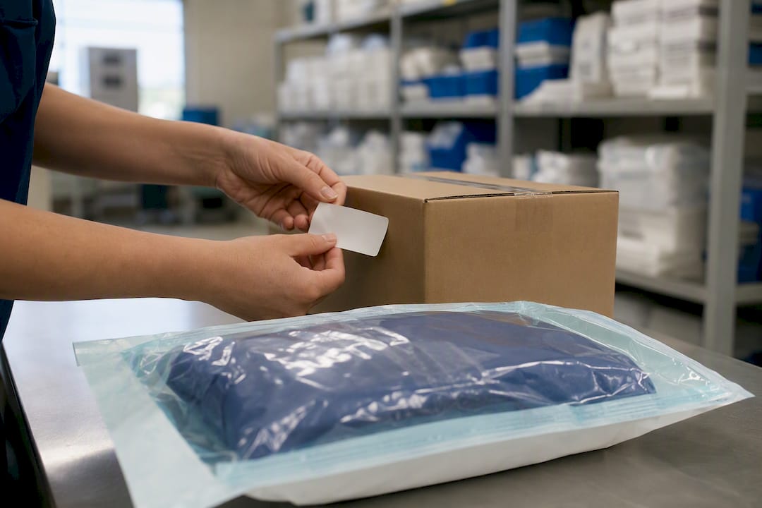 Hands packing emergency surgical supply shipment