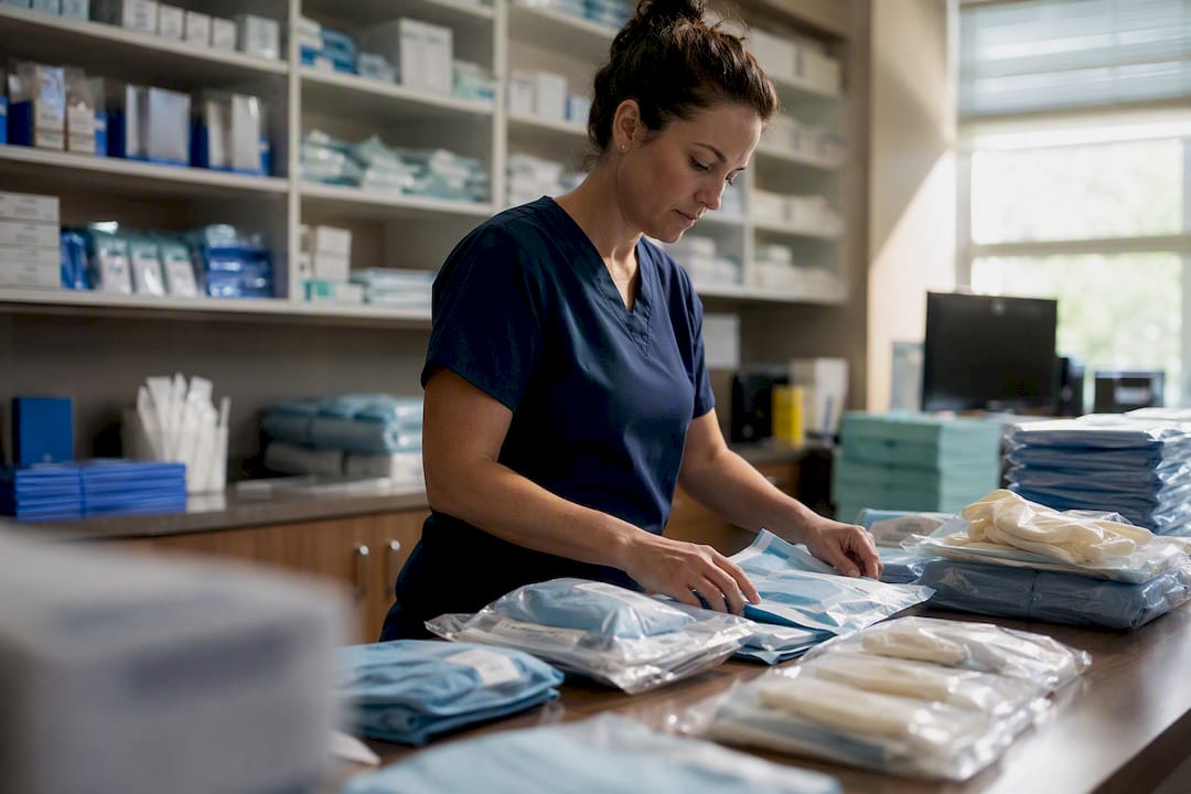 Hands organizing surgical supplies in clinic