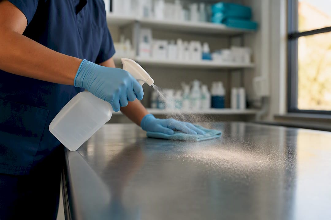 Gloved hands spraying disinfectant on hospital surface