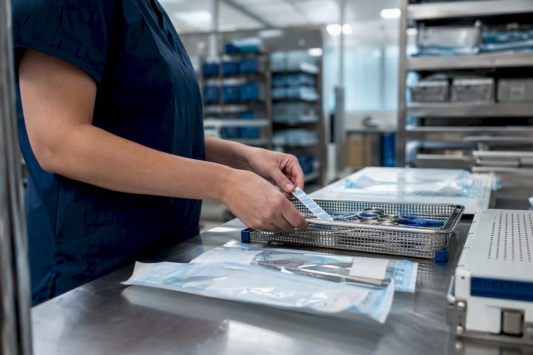 Hands arranging surgical instruments and sterilization supplies