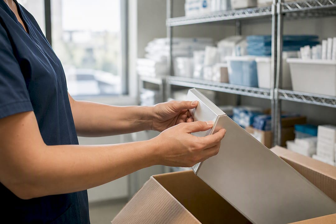 Hands scanning medical supplies in storeroom
