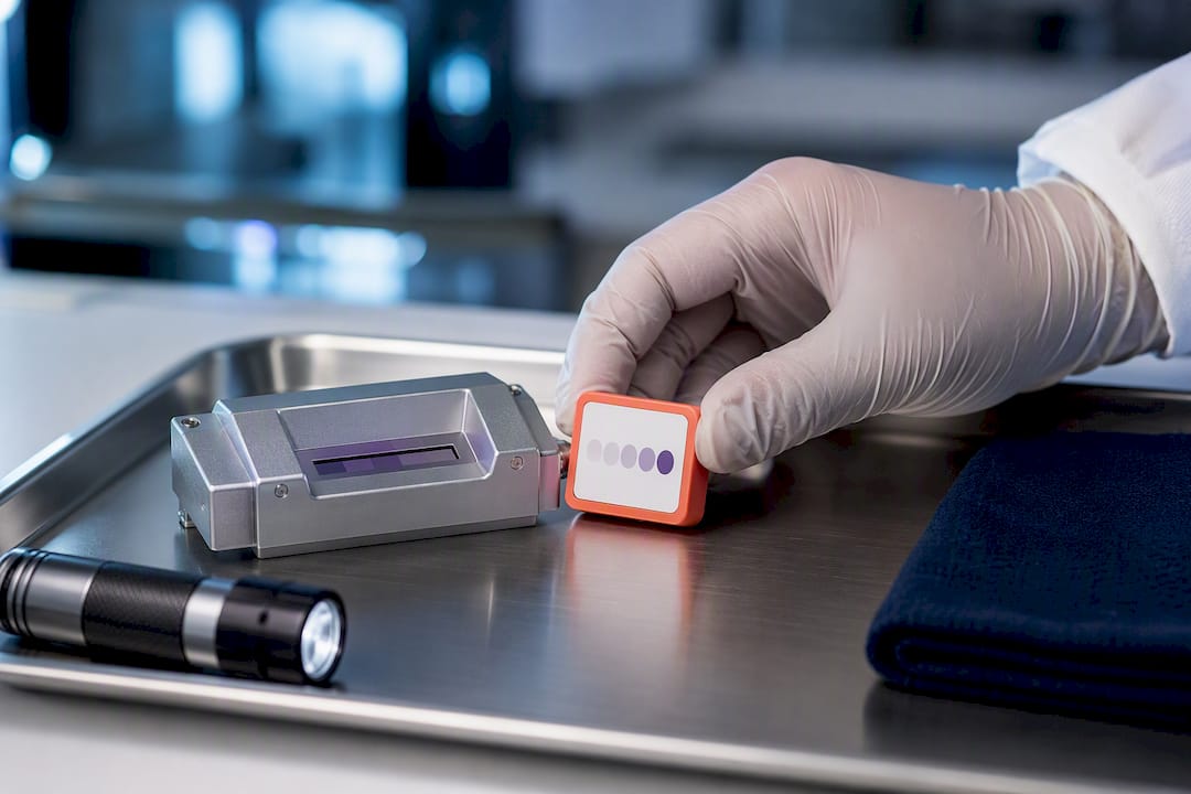 Technician checking UV dose indicator and sensor