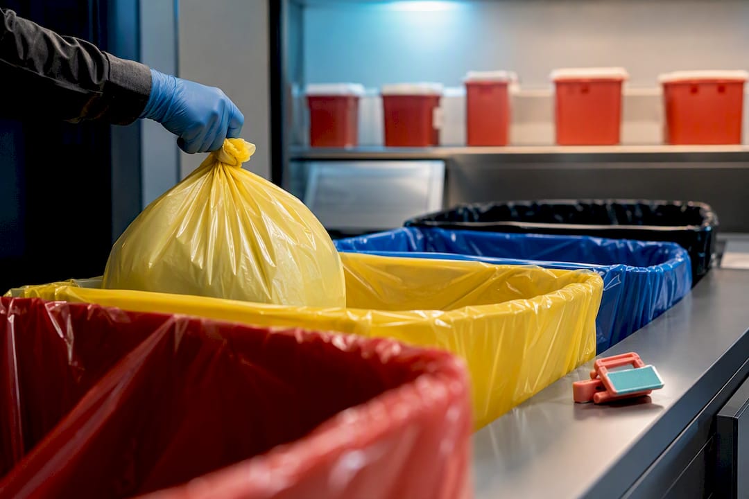 Color-coded biohazard bags in waste bay