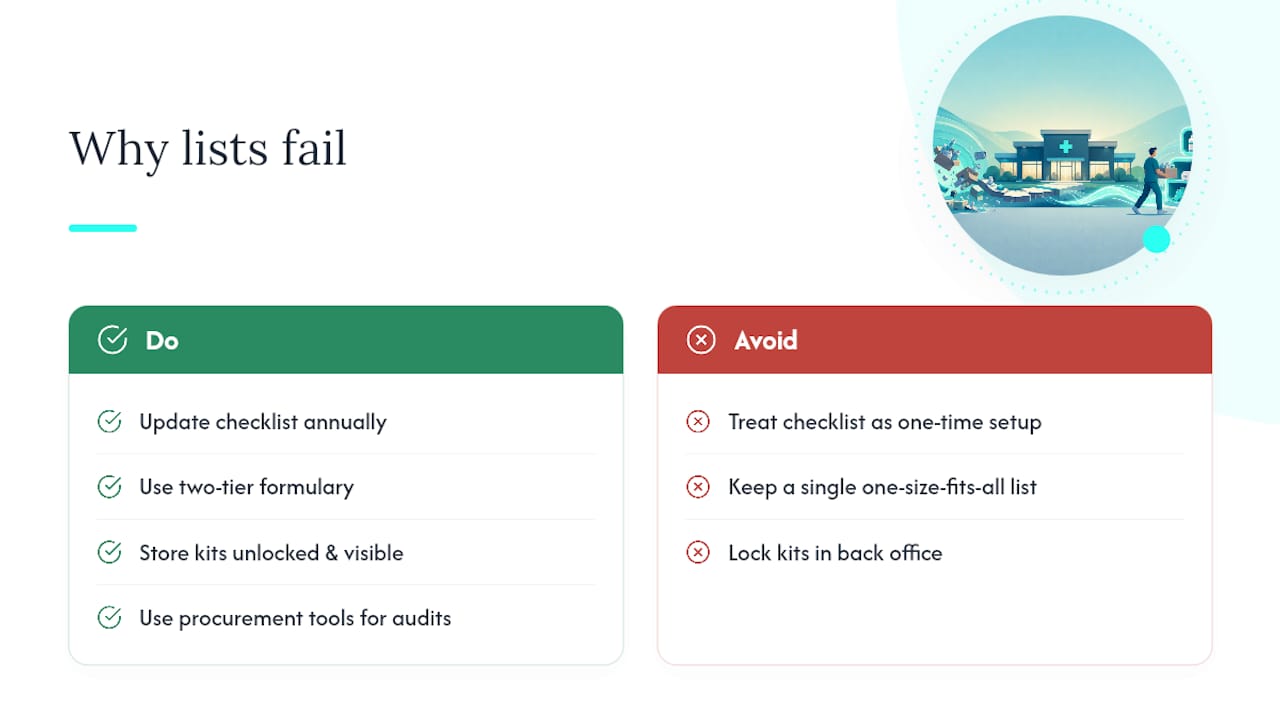 Why most supply lists fail before the first stockout — overview diagram