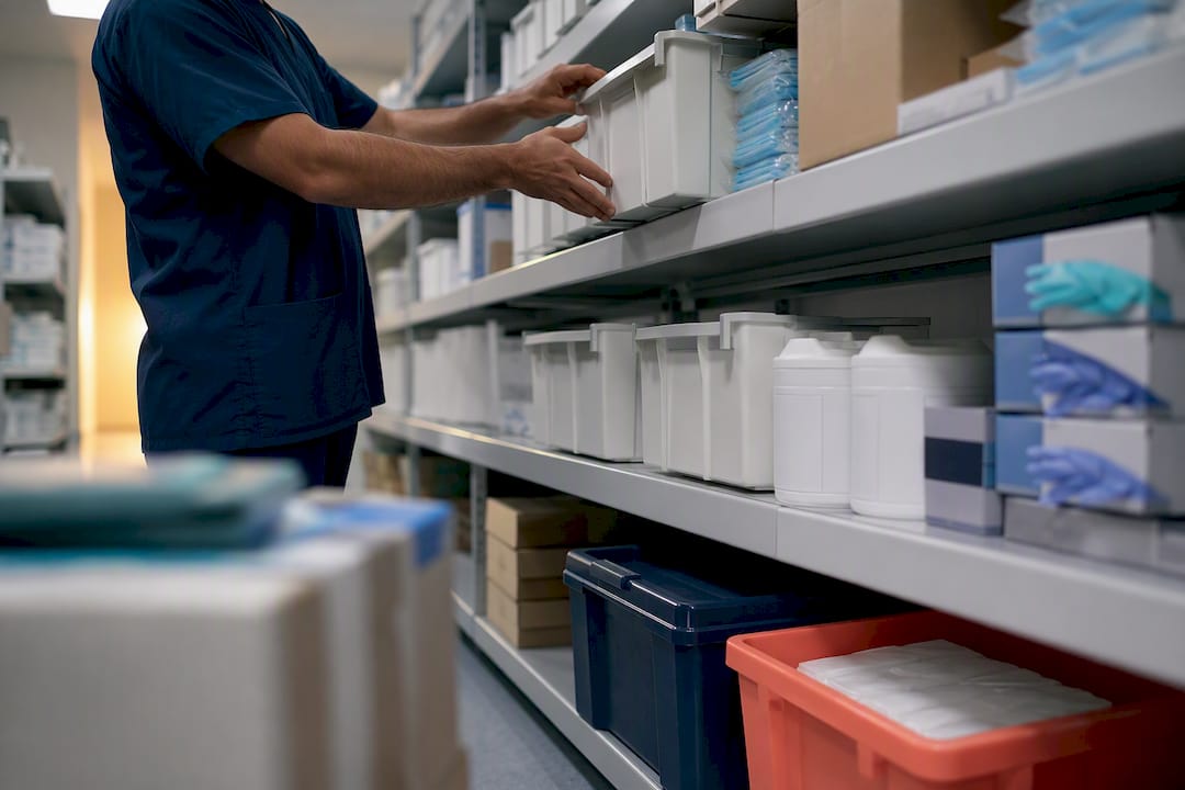 Organized infection control supplies in storage shelving