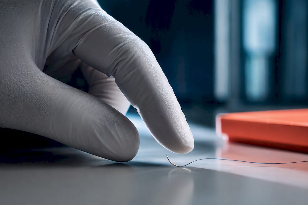 Cropped gloved fingertips near a suture needle