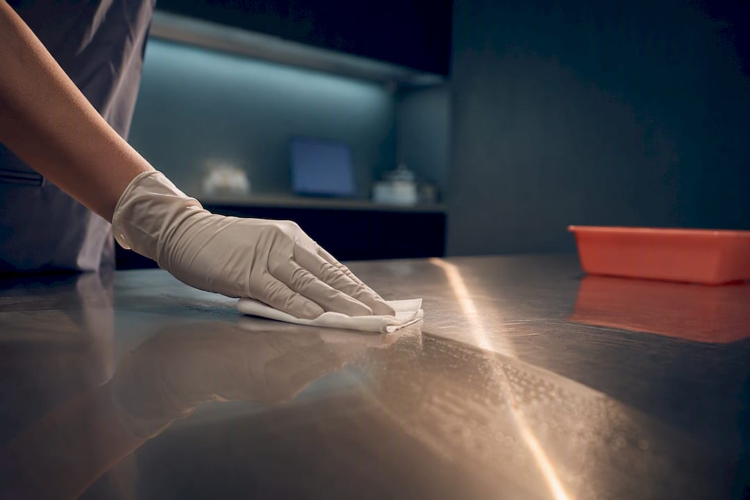 Clinician maintaining disinfectant surface wetness